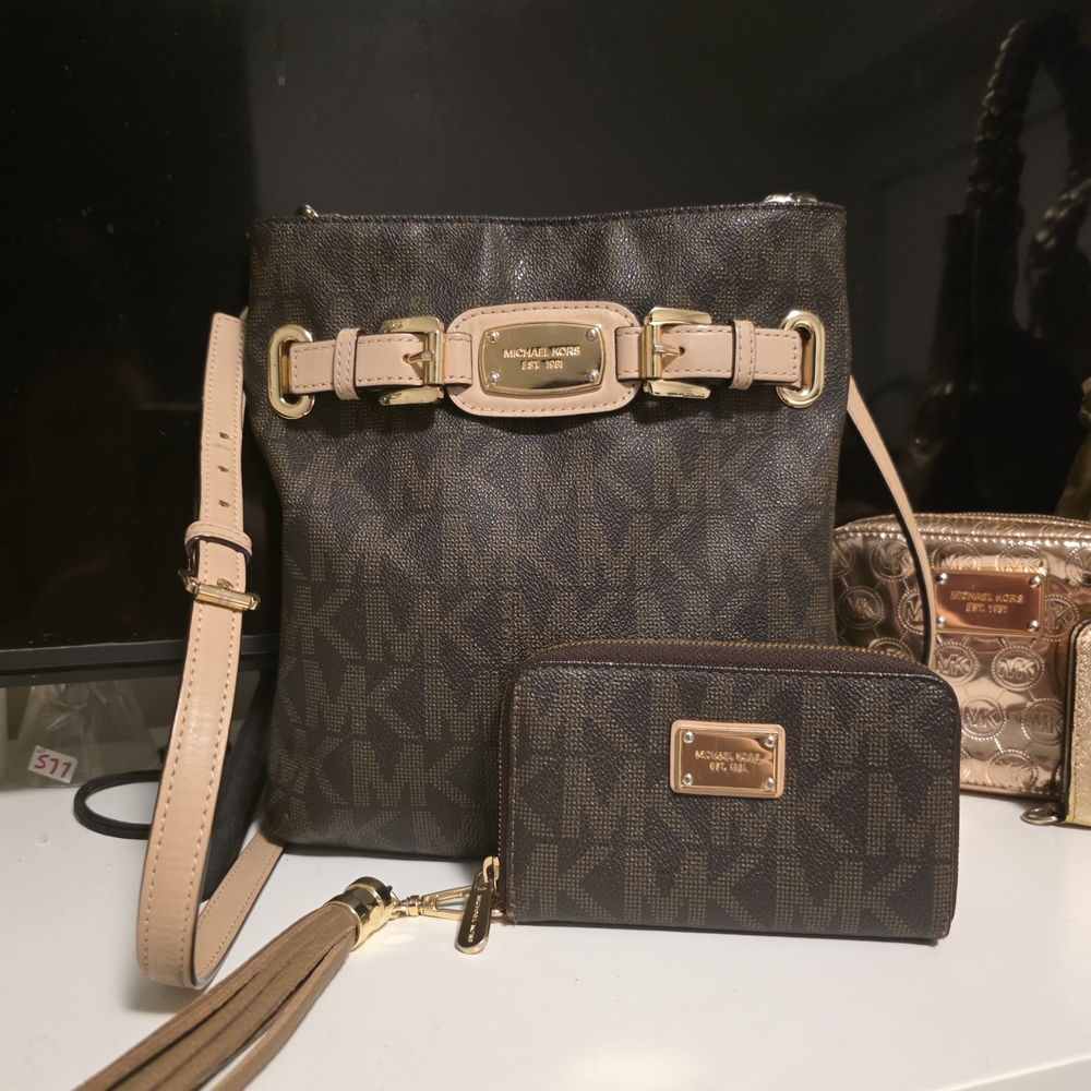 Michael Kors Dark Brown and Tan Crossbody Bag with Wallet